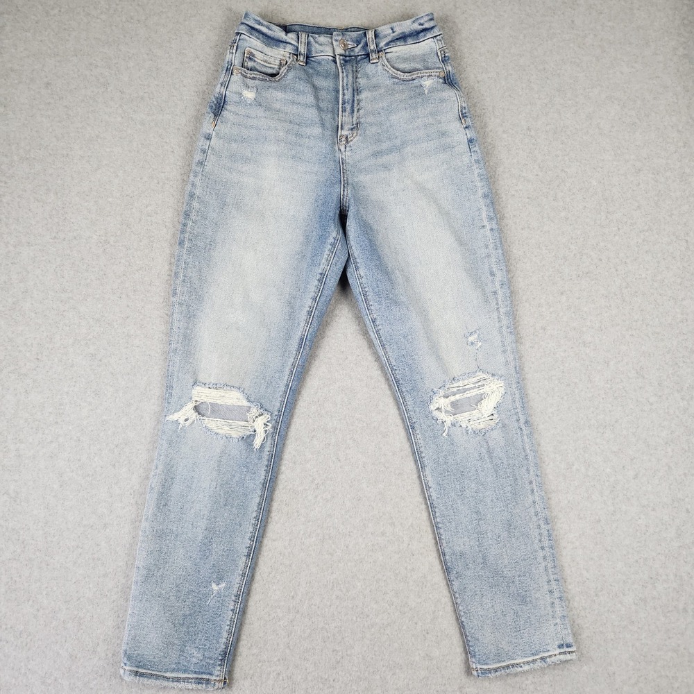 American Eagle Jeans Womens 2 Light Curvy Mom Jean Distressed High Rise Stretch‎